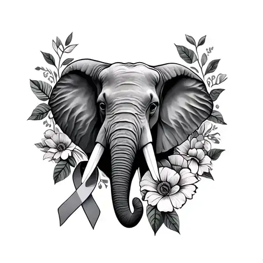 elephant head with a cancer ribbon and flowers around it  tattoo design idea