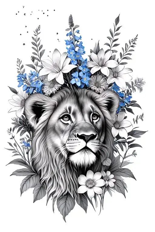 lion cub, bouquet of asters, delphinium, water lilies, morning glory flowers, Leo and Virgo constellations tattoo design idea