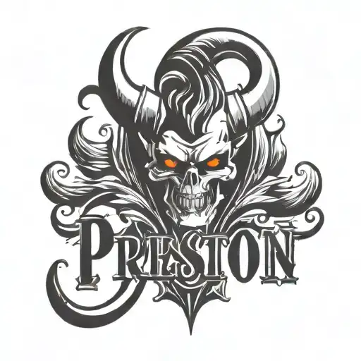the name Preston gothic font with devil horns minimalistic  tattoo design idea