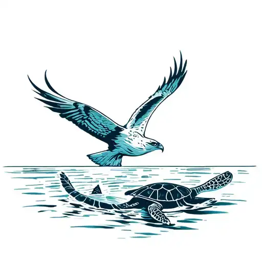 hawk flying above the ocean protecting the seaturtle swimming underneath the water tattoo design idea