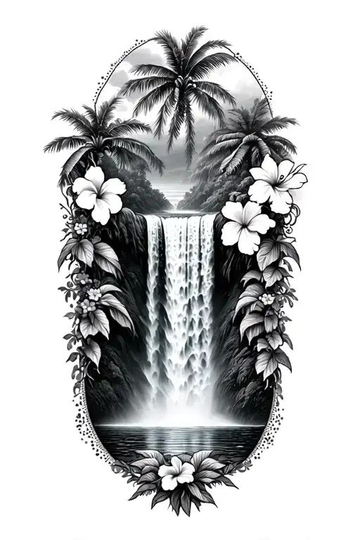 hawaiin waterfall with hibiscus vine and palm tree tattoo design idea