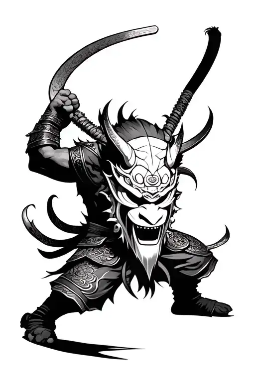 Oni Mask Samurai Warrior Battling tattoo design idea