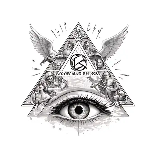 a big Florence in evil gothic spelling with demons and angels around it with the Illuminati all seeing eye the pyramid  tattoo design idea