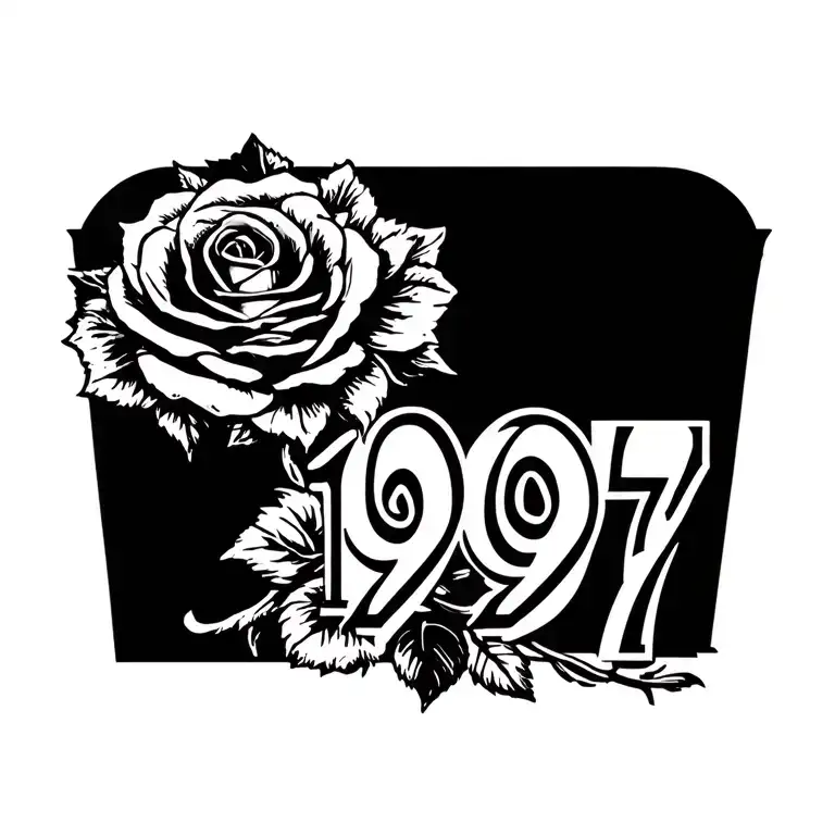 add the numbers 1997  with 2 rose all black with shadow tattoo design idea