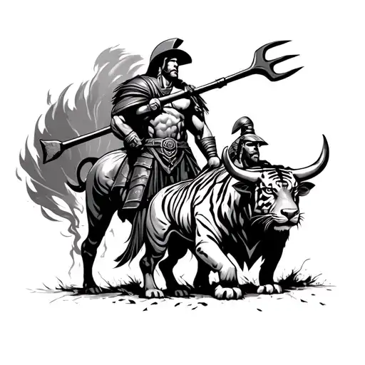 A spartan holding a pitchfork standing between a tiger and a bull in the foreground. A tornado, bronc rider, and comet  tattoo design idea