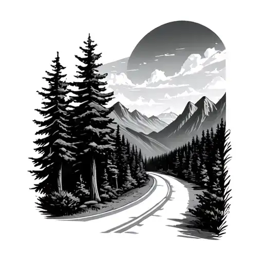 road leading into mountains with trees tattoo design idea