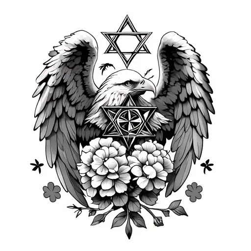 Half sleeve tattoo with angel wings, hydrangea, star of david, bald eagle, clover, celtic symbol, and compass and arrow tattoo design idea