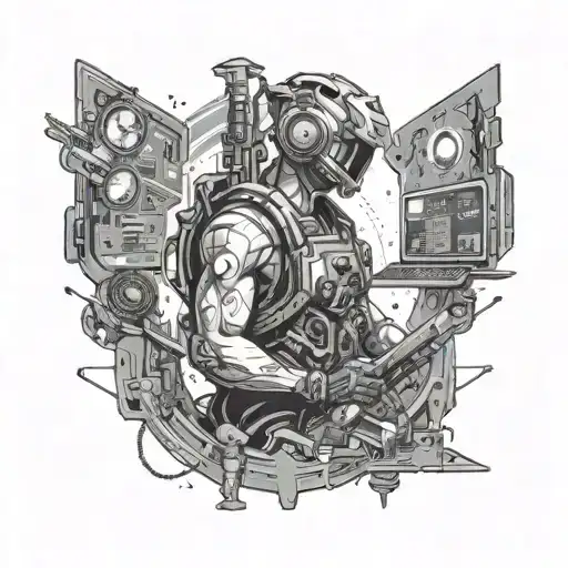 An intricate black and grey tattoo of a data security analyst in a high-tech cyberpunk setting, with elements of mmorpg and fps games subtly incorporated tattoo design idea