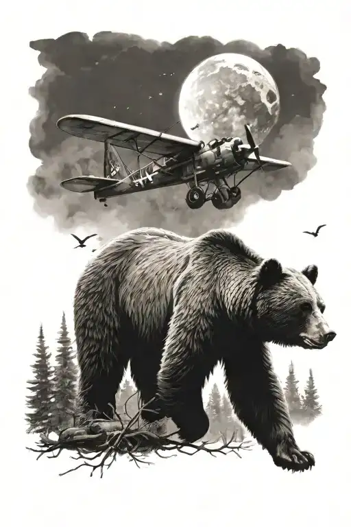 A bear walking through Forest line with a moon in the sky and the  World War II plane flying through the sky  tattoo design idea
