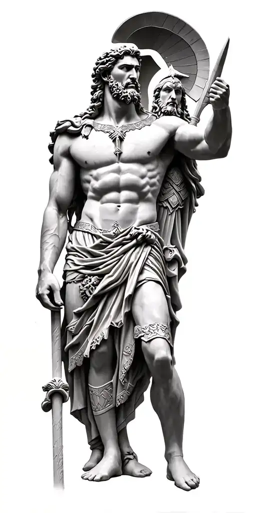 marble statues of Spartan warrior, Zeus, Poseidon, Medusa, Achilles, Odin, Thor, Loki, Anubis, and David tattoo design idea