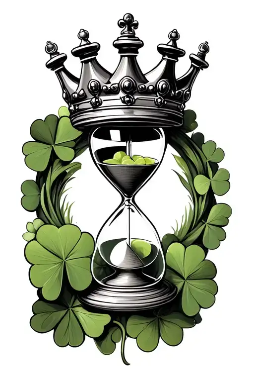 hour glass chess king crown and 4 leaf clover surrounding on the bottom put a balance  scale  tattoo design idea