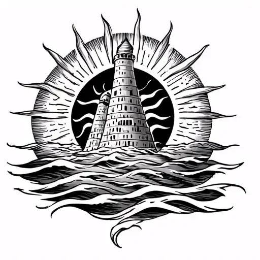 Tattoo before arm with the Sun The sea a tower of Babel and a hermeña tattoo design idea