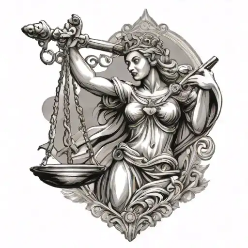 lady justice with sword and scale balanced tattoo design idea
