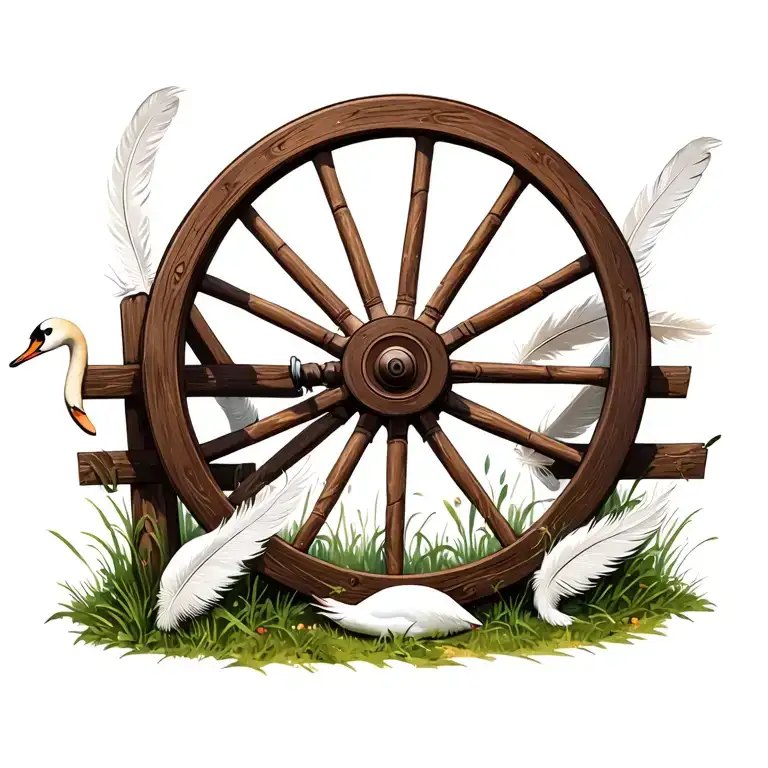 wagon wheel leaning against a fence with swan feathers around it tattoo design idea
