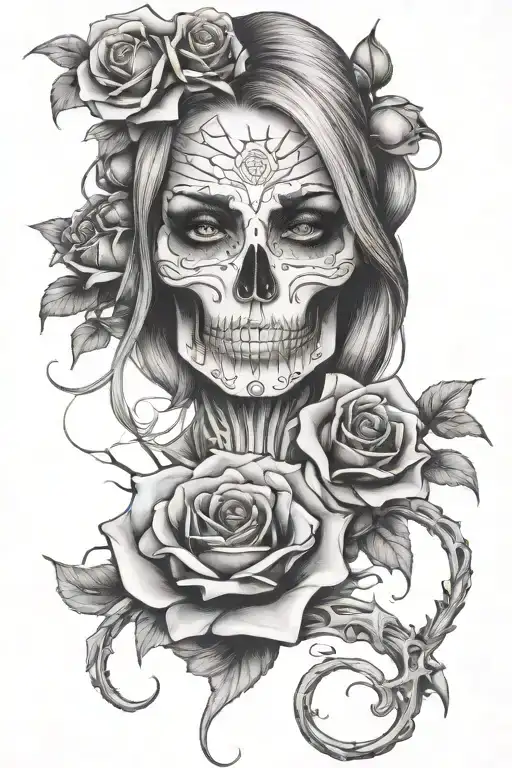 Sleeve tattoo design in neo-traditional style, girl with skeleton jaw and roses tattoo design idea