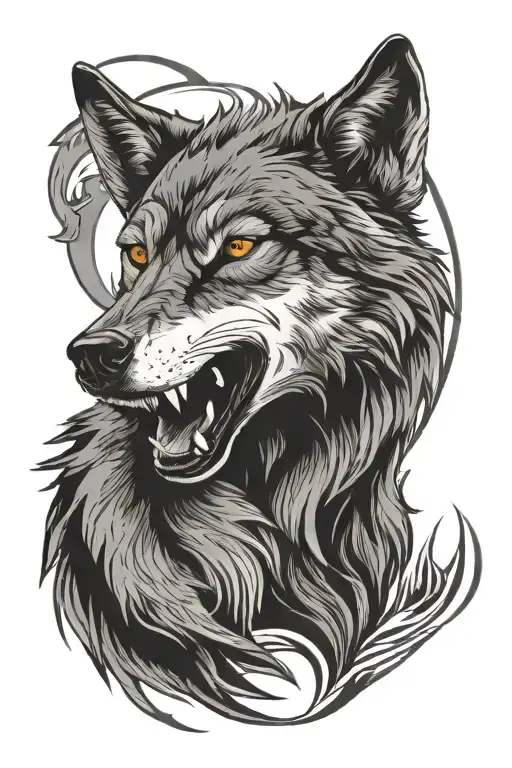 wolf head biting sun tattoo design idea