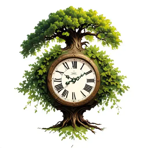 clock, live oak tree, vines growing tattoo design idea