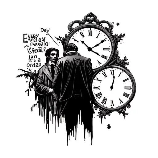 Tattoo with a clock with a lonely man with a dead man who says: every day passing, it's an ordeal tattoo design idea