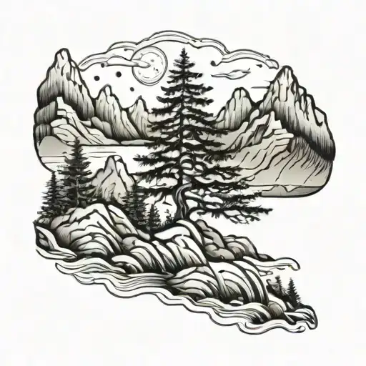 mountains, ocean, treee tattoo design idea