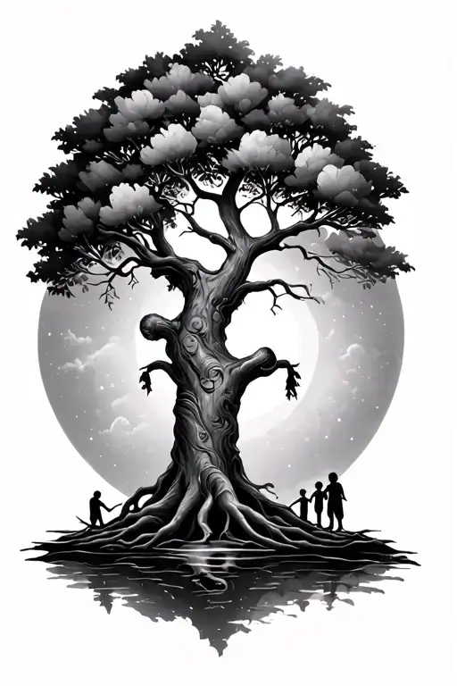 A tree of life representing my family 1 girls 2 boys, my divorce and my new meeting, my relationship with God tattoo design idea