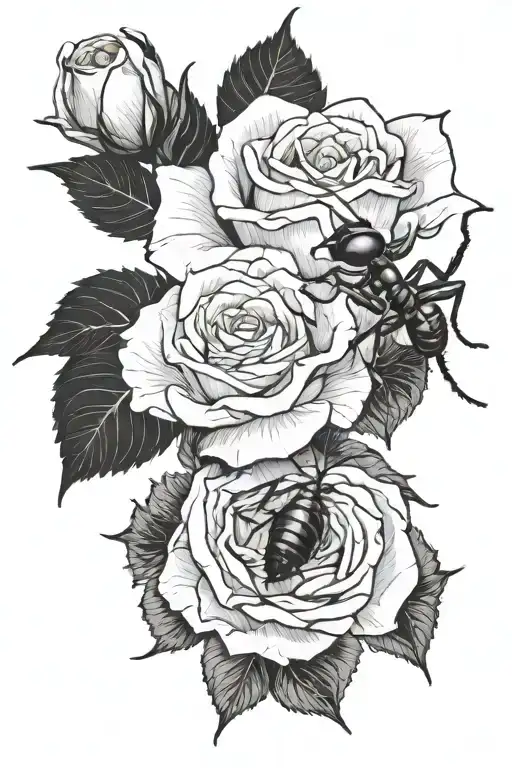 single ant coming out of a rose tattoo design idea