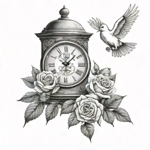 Cross, roses, God, dove, the date 14.10.2022 in Roman, Alfa Romeo, clouds, a clock, nature with trees, tattoo design idea
