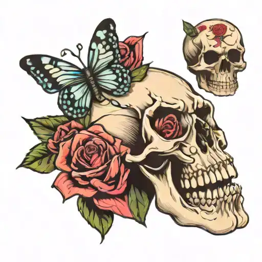 hand  tattoo  skull butter fly and roses blooming tattoo design idea
