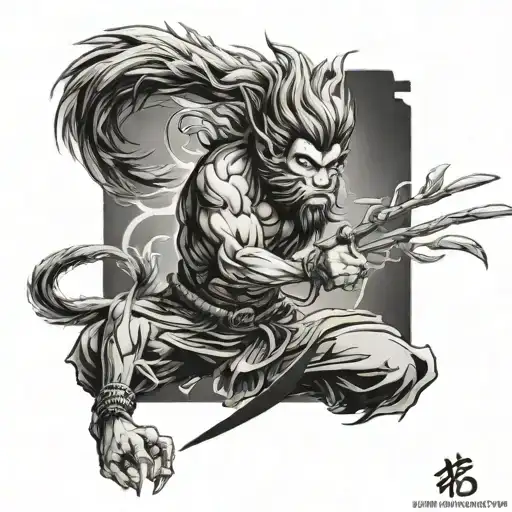 sun wukong, upper arm tattoo. chinese brush stroke style tattoo design idea