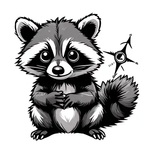 cute racoon sitting holding a compass tattoo design idea