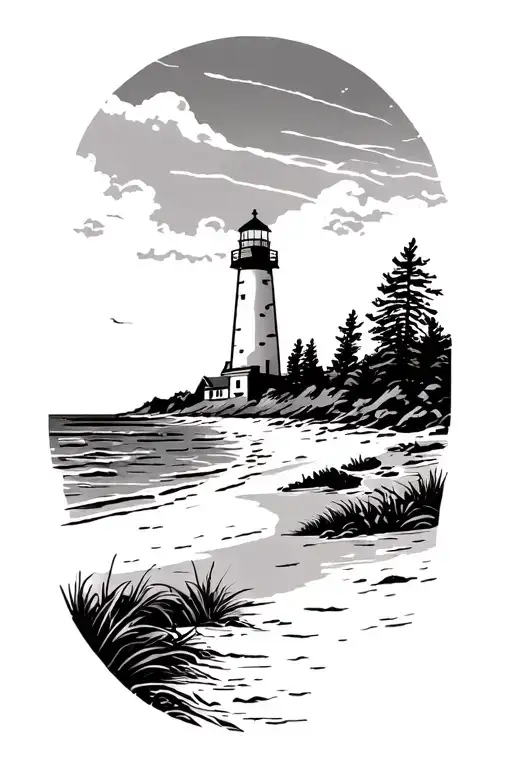 beach shoreline panorama with lighthouse tattoo design idea