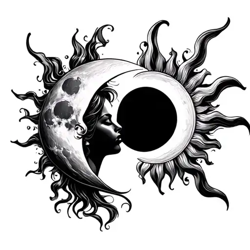 moon girl kissing a sun man tattoo design idea