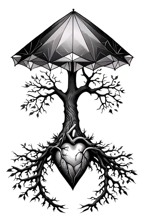 Geometric and purified drawing. Tree of life c organ of the heart. The tree is surrounded by a diamond. Lifeline. umbrella tattoo design idea