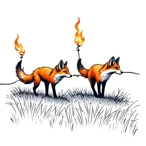 foxes running through a field tied together in pairs by their tails with torches attached tattoo design idea