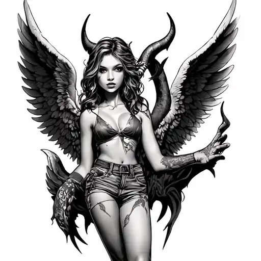 moto girl wings angel and demon 50/50  tattoo design idea