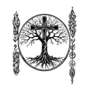 A tattoo with the Lorraine cross on the 316th army regiment and a tree of life with fine and female lines tattoo design idea