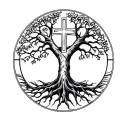A tattoo with the Lorraine cross on the 316th army regiment and a tree of life with fine and female lines tattoo design idea