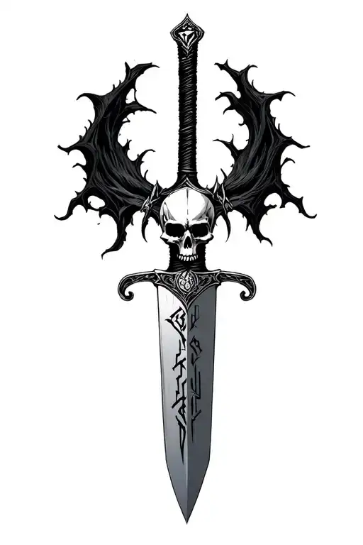 Sharp long dagger with runes shaded skull head, sejmitar, darkest dungeon, beast, tattoo design idea
