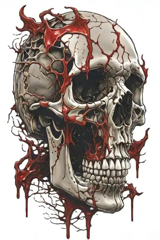 Human Skull and spine, dripping with blood, blood veins sticking out, no jaw, cracked, holes, pieces missing. tattoo design idea