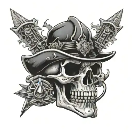 evil conquistador skull with crystals with hell behind it tattoo design idea