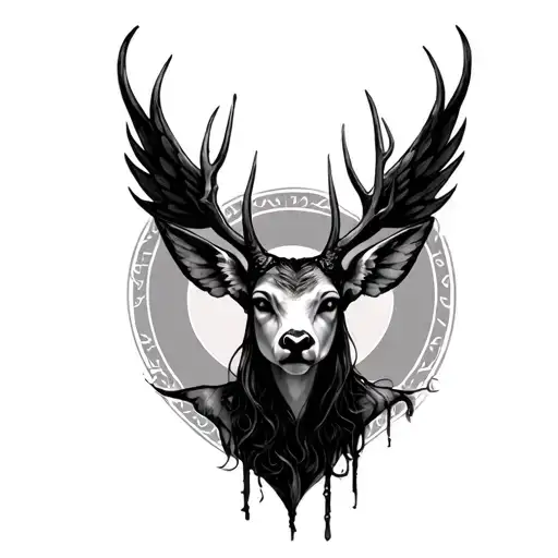 a winged, deer-like forest spirit with a blank face & hollow eyes. casts a human shadow—quietly eerie & otherwordly tattoo design idea