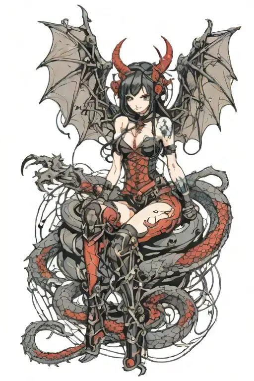 A succubus in bondage with intricate dragon-inspired restraints tattoo design idea