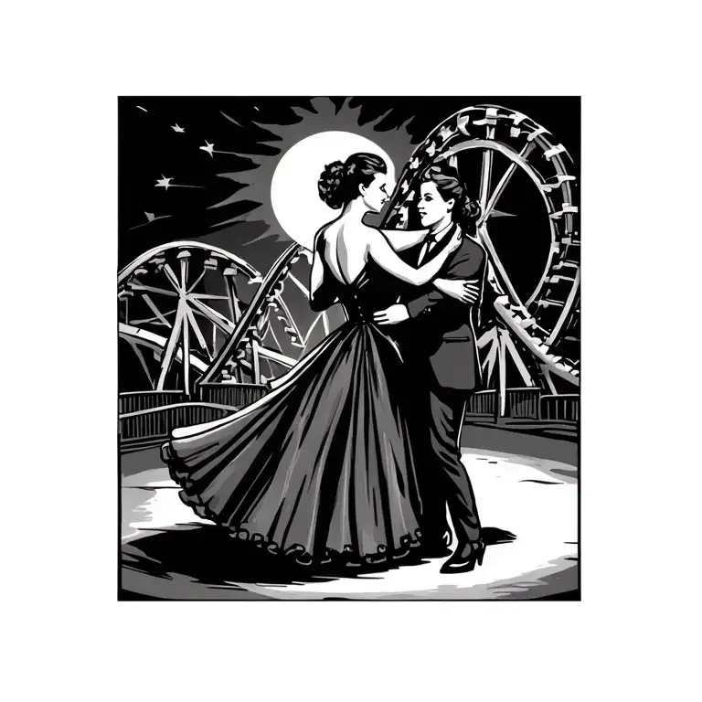 ballroom dancing and roller coasters. The tattoo should be small on the leg, about 10x10cm. tattoo design idea