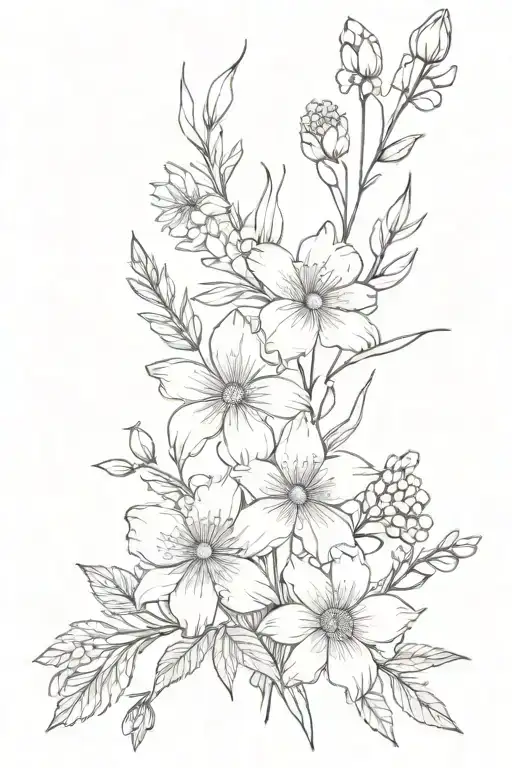 bonquet of flowers with Caranation, 2 larkspurs, marigold and daisy tattoo design idea