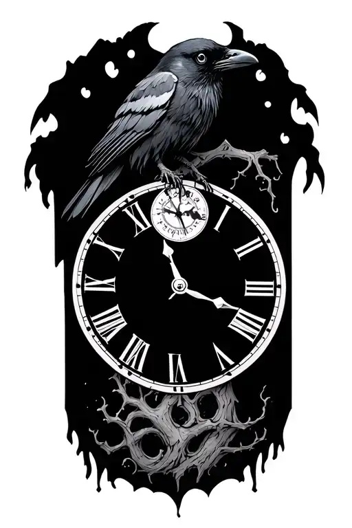 raven tree clock tattoo design idea