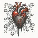 Black Releastic Heart, Bleeding, dripping blood, veins, Aorta valve, vessels, dark red, bloody, Blood Splatter, melting. tattoo design idea