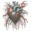 Black Releastic Heart, Bleeding, dripping blood, veins, Aorta valve, vessels, dark red, bloody, Blood Splatter, melting. tattoo design idea