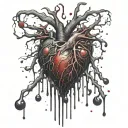 Black Releastic Heart, Bleeding, dripping blood, veins, Aorta valve, vessels, dark red, bloody, Blood Splatter, melting. tattoo design idea