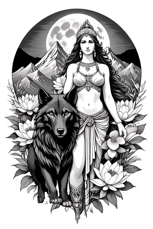 sexy Athena goddess surrounded by poeny and lotus flowers growing with a black wolf in a mountain range with the moon tattoo design idea