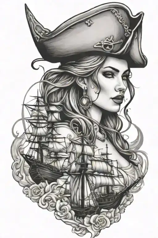 pirates and ships and beautiful woman tattoo design idea
