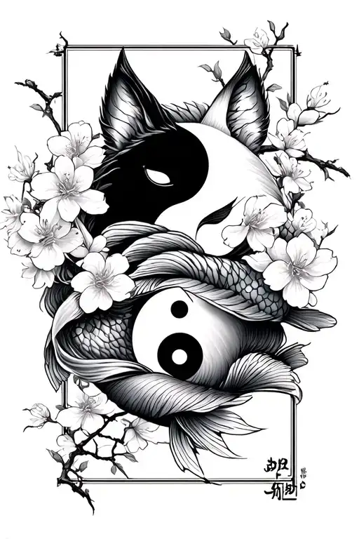 cherry blossoms wrap around, with kitsune mask and yin yang fish tattoo design idea